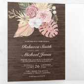 Rustic Wood Palm Dusty Roses QR Code Weddenschap Drieluik Uitnodiging (Binnenzijde eerst)
