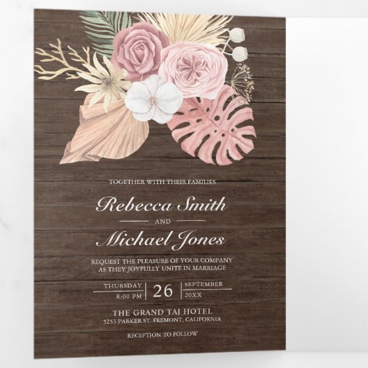 Rustic Wood Palm Dusty Roses QR Code Weddenschap Drieluik Uitnodiging (Binnenzijde eerst)
