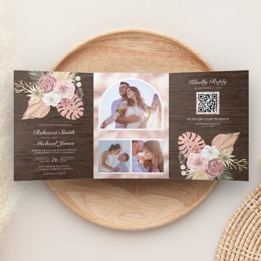 Rustic Wood Palm Dusty Roses QR Code Weddenschap Drieluik Uitnodiging