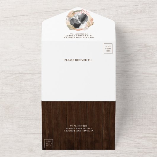 Rustic Wood Pampas Grass Dried Palm Leaves Wedding All In One Uitnodiging (Buitenkant)