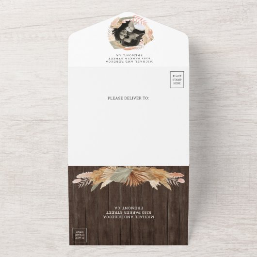 Rustic Wood Pampas Grass Gedroogde Palm Wedding All In One Uitnodiging (Buitenkant)
