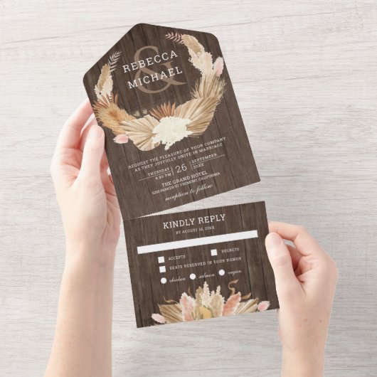 Rustic Wood Pampas Grass Gedroogde Palm Wedding All In One Uitnodiging (Afscheurbaar)