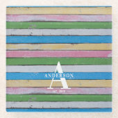 Rustic Wood Pastel Stripes Family Name Glazen Onderzetter (Voorkant)