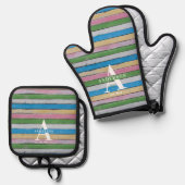 Rustic Wood Pastel Stripes Family Name Ovenwant & Pannenlap Set (Voorkant / Achterkant)