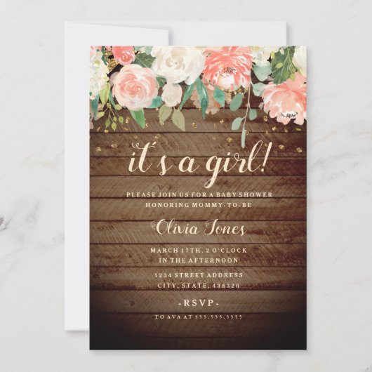 Rustic Wood Peach Gold Floral Baby shower Uitnodig Kaart (Voorkant)