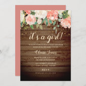 Rustic Wood Peach Gold Floral Baby shower Uitnodig Kaart (Voorkant / Achterkant)