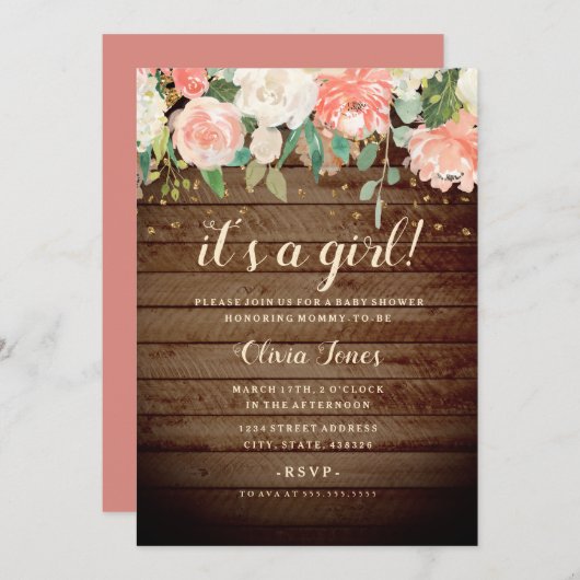 Rustic Wood Peach Gold Floral Baby shower Uitnodig Kaart (Voorkant / Achterkant)