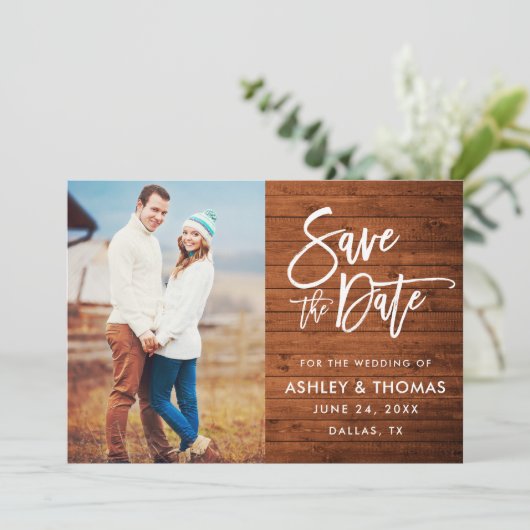 Rustic Wood, penseelfoto Save The Date (Staand voorkant)