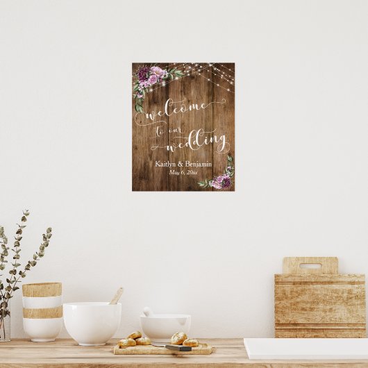 Rustic Wood Peonies & Lights Wedding Welcome Poster (Keuken)