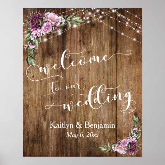 Rustic Wood Peonies & Lights Wedding Welcome Poster (Voorkant)