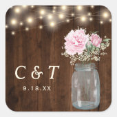 Rustic Wood Peony Floral Mason Jar | Vierkante Sticker (Voorkant)