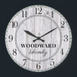 Rustic Wood Personalized Family Name  Grote Klok<br><div class="desc">A rustic modern white washed barn wood shiplap monogrammed family name wall clock. Great for your rustic or farm style home or cabin.</div>