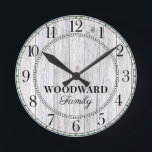 Rustic Wood Personalized Family Name  Ronde Klok<br><div class="desc">A rustic modern white washed barn wood shiplap monogrammed family name wall clock. Great for your rustic or farm style home or cabin.</div>