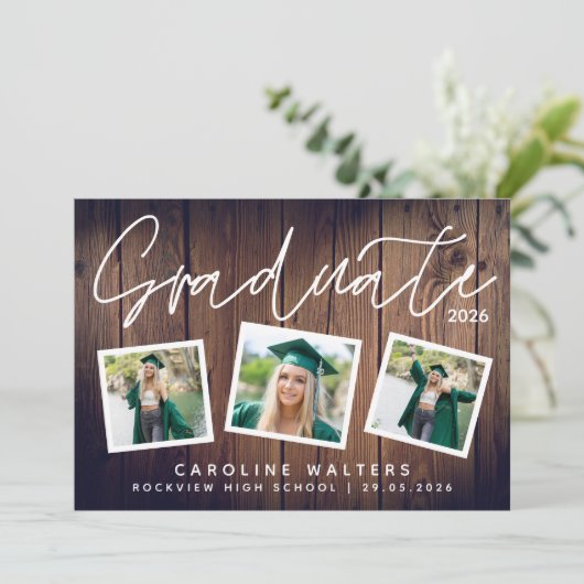Rustic Wood Photo Collage Afstuderen Aankondiging (Staand voorkant)