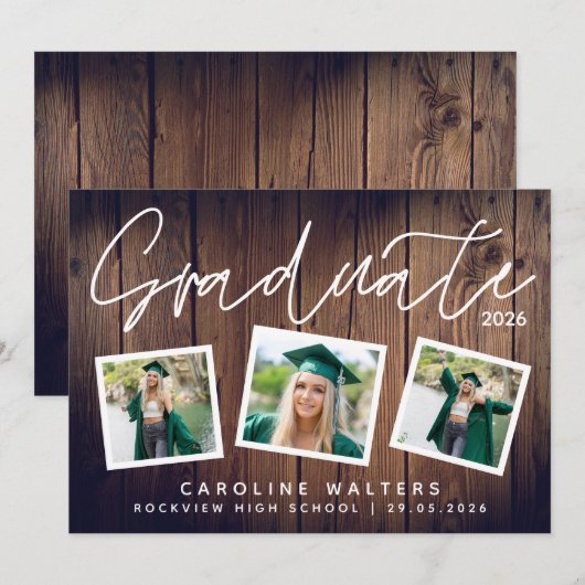 Rustic Wood Photo Collage Afstuderen Aankondiging (Voorkant / Achterkant)
