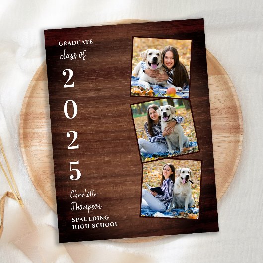 Rustic Wood Photo Collage Afstuderen Uitnodiging Briefkaart