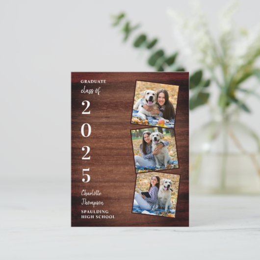 Rustic Wood Photo Collage Afstuderen Uitnodiging Briefkaart (Staand voorkant)