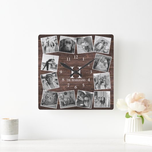 Rustic Wood Photo Collage Monogram Creëer Your Ewn Vierkante Klok (Huis)