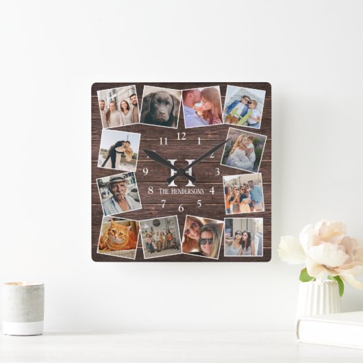 Rustic Wood Photo Collage Monogram Creëer Your Ewn Vierkante Klok (Huis)