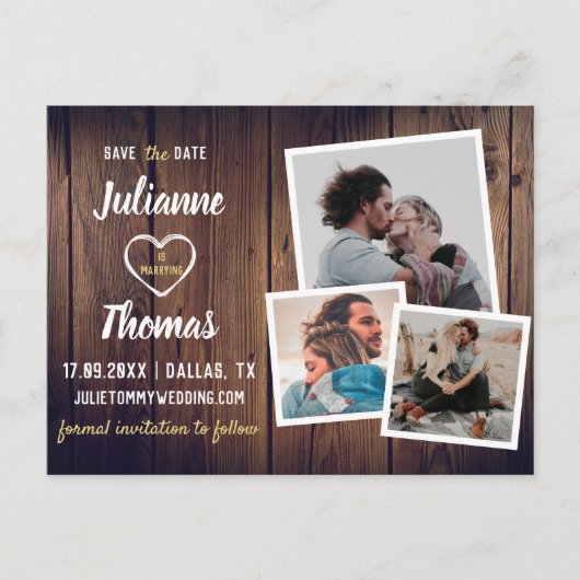 Rustic Wood Photo Collage Wedding Aankondigingskaart (Voorkant)