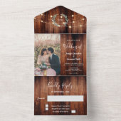 Rustic wood photo string lights country Wedding All In One Uitnodiging (Binnen)