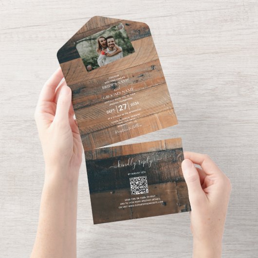 Rustic Wood Photo Wedding All In One Uitnodiging (Afscheurbaar)