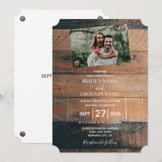 Rustic Wood Photo Wedding Invitting Kaart (Voorkant / Achterkant)
