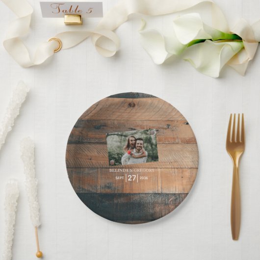 Rustic Wood Photo Wedding Papieren Bordje (Huwelijk)