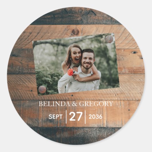 Rustic Wood Photo Wedding Ronde Sticker (Voorkant)