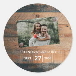 Rustic Wood Photo Wedding Ronde Sticker