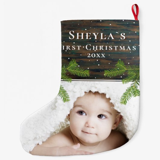 Rustic Wood Pine Baby's eerste kerstfoto Grote Kerstsok (Achterkant)