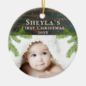Rustic Wood Pine Baby's eerste kerstfoto Keramisch Ornament (Voorkant)