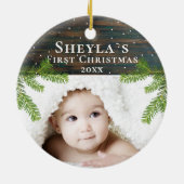 Rustic Wood Pine Baby's eerste kerstfoto Keramisch Ornament (Achterkant)