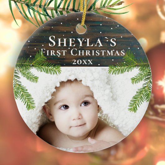 Rustic Wood Pine Baby's eerste kerstfoto Keramisch Ornament
