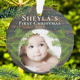 Rustic Wood Pine Baby's eerste kerstfoto Ornament