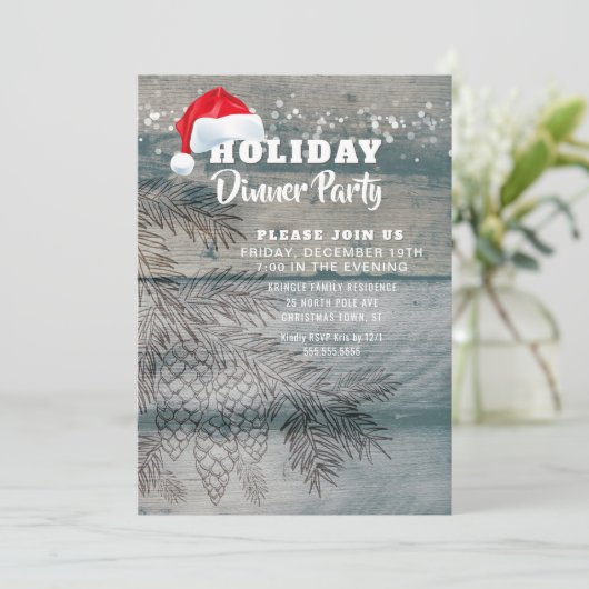 Rustic Wood Pine Cones Holiday Party Uitnodiging (Staand voorkant)