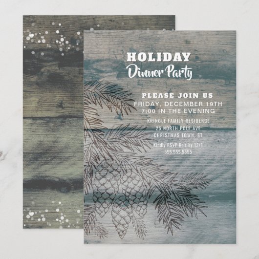 Rustic Wood Pine Cones Holiday Party Uitnodiging (Voorkant / Achterkant)