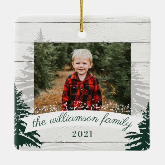 Rustic Wood Pine Kerstbomen Foto Keramisch Ornament (Achterkant)