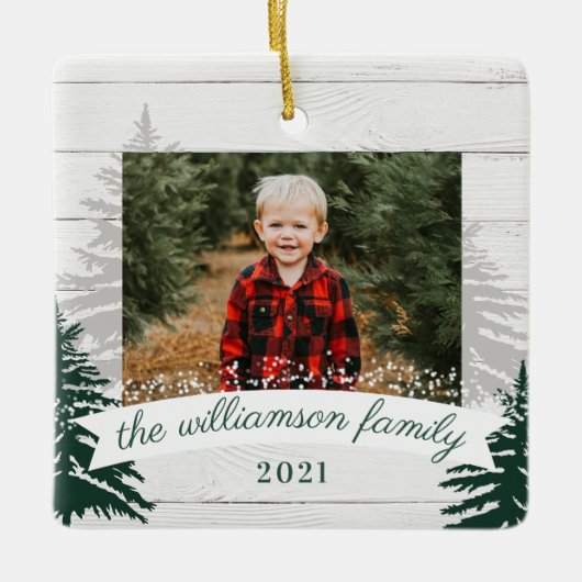 Rustic Wood Pine Kerstbomen Foto Keramisch Ornament (Voorkant)