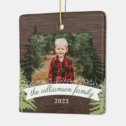 Rustic Wood Pine Kerstbomen Foto Keramisch Ornament (Links)