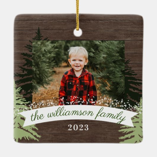 Rustic Wood Pine Kerstbomen Foto Keramisch Ornament (Achterkant)