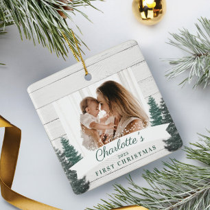 Rustic Wood Pine Trees Baby eerste kerstfoto Keramisch Ornament