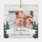 Rustic Wood Pine Trees Baby eerste kerstfoto Keramisch Ornament (Achterkant)