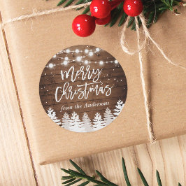 Rustic Wood Pine Trees kerststrijklichten Ronde Sticker