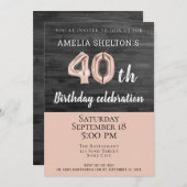 Rustic Wood Pink Ballon 40th Birthday Party Kaart (Voorkant / Achterkant)