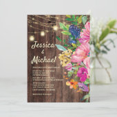 Rustic Wood Pink Blue Floral String Lights Wedding Kaart (Staand voorkant)