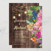 Rustic Wood Pink Blue Floral String Lights Wedding Kaart (Voorkant / Achterkant)