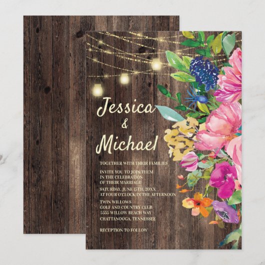 Rustic Wood Pink Blue Floral String Lights Wedding Kaart (Voorkant / Achterkant)