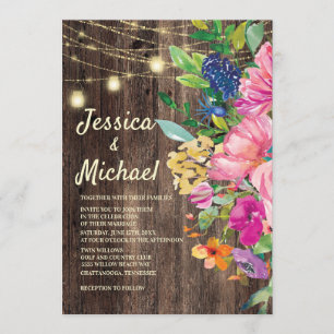 Rustic Wood Pink Blue Floral String Lights Wedding Kaart