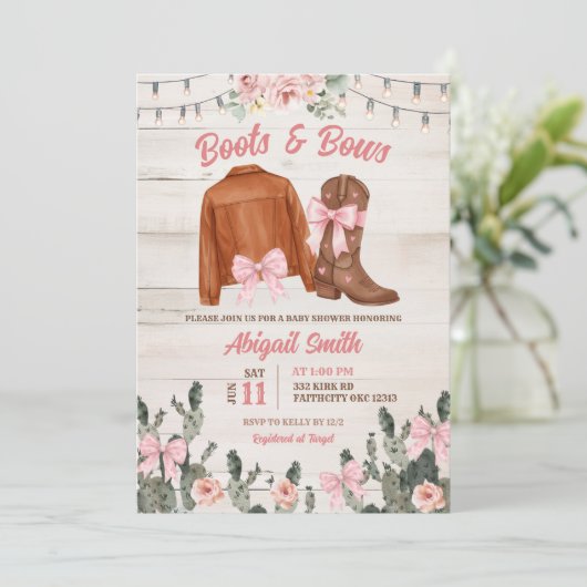 Rustic Wood Pink Boots and Bows Baby Shower Kaart (Staand voorkant)